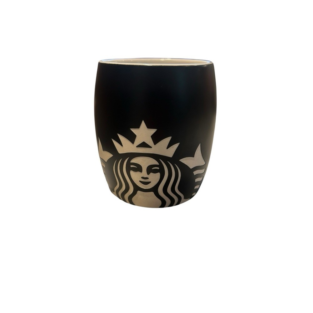 Starbucks 2011 Coffee Mug Barrel Matte Black White Etched Mermaid Siren Logo